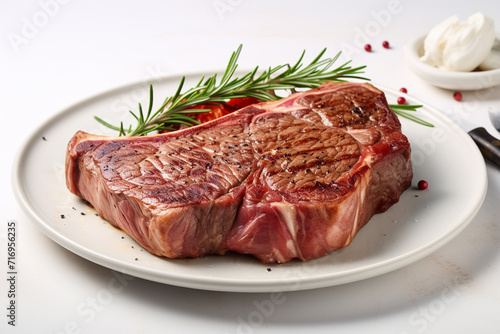 Grilled T-bone steak with rosemary and spices on white plate