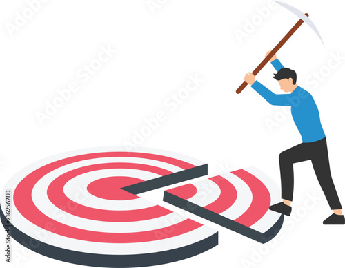 Break down big goals into small achievable goals, Success strategy to focus on short, Medium and long term goals to achieve final accomplishment, Man break down dartboard target into pieces

