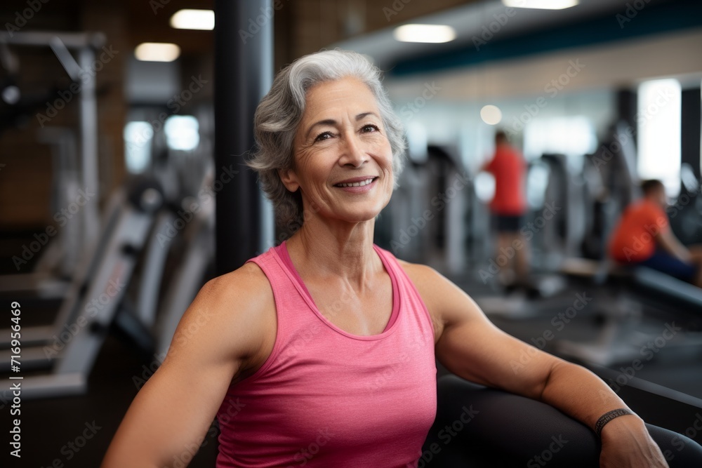 Portrait of a satisfied mature woman practicing weight bench in a gym. With generative AI technology