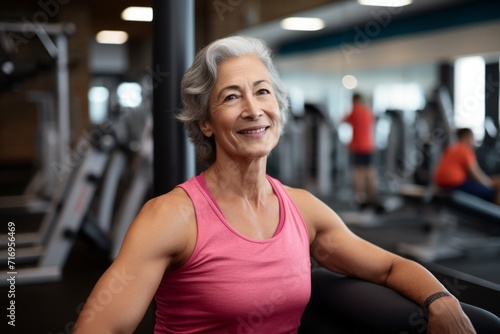 Portrait of a satisfied mature woman practicing weight bench in a gym. With generative AI technology