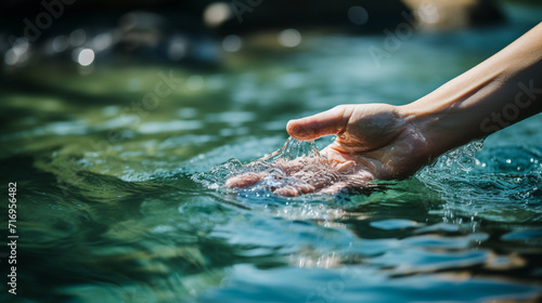 Close up of a woman s hand reaching for water in the river