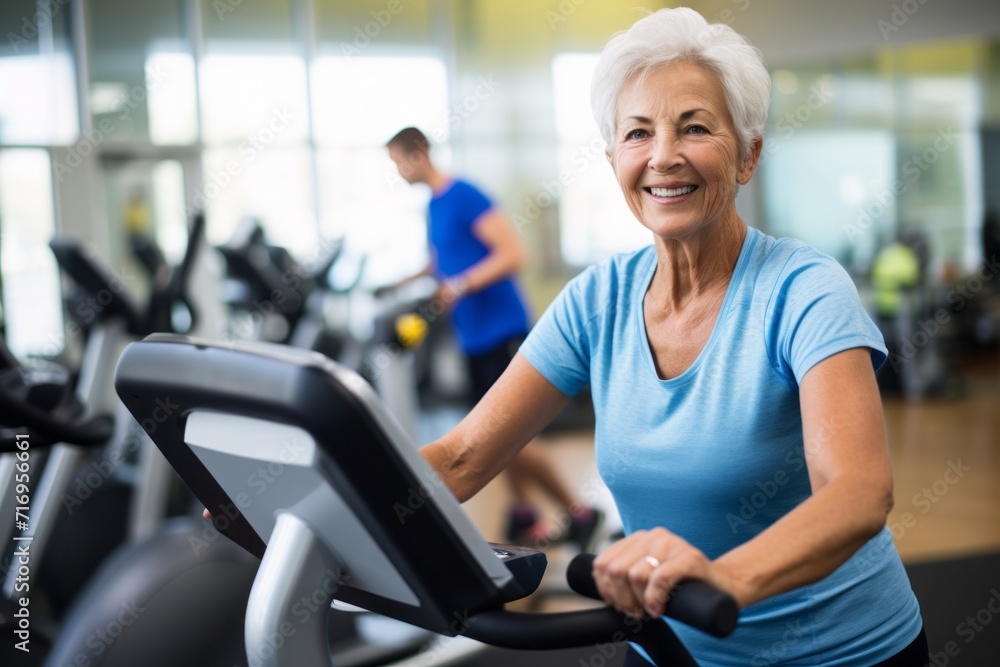 Portrait of a satisfied mature woman practicing elliptical bike in a gym. With generative AI technology Portrait of a satisfied mature woman practicing elliptical bike in a gym. With generative AI technology