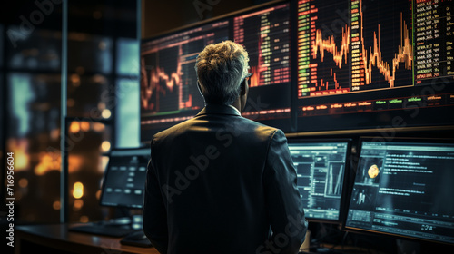 Rear view of businessman looking at monitor with stock market chart. 
