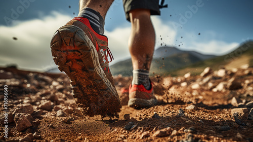 Close-up of a man running on a trail in the mountains