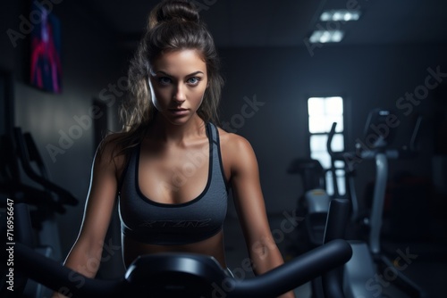 Portrait of a serious girl in her 20s practicing elliptical bike in an empty room. With generative AI technology