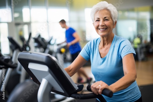 Portrait of a satisfied mature woman practicing elliptical bike in a gym. With generative AI technology