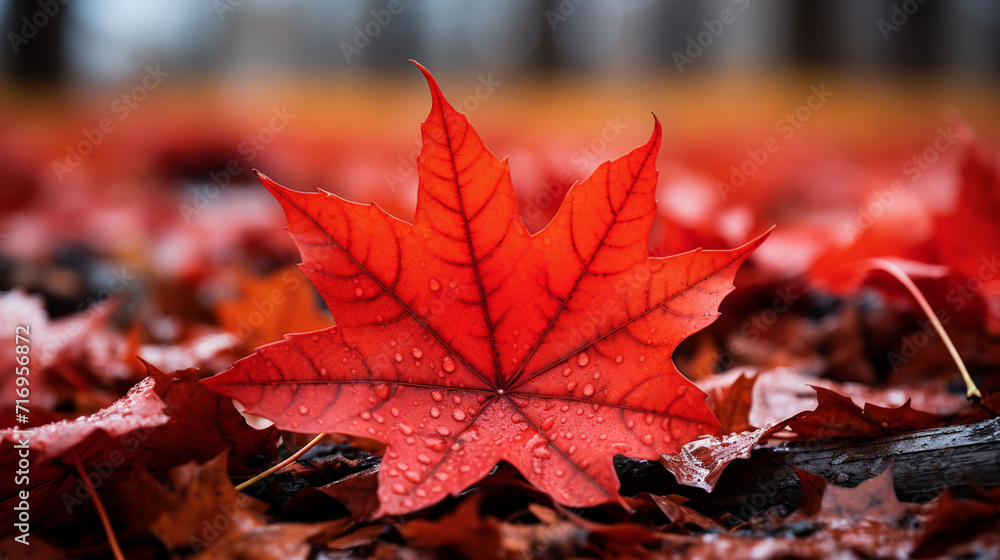 Red maple leaf with water drops on the ground in the autumn forest