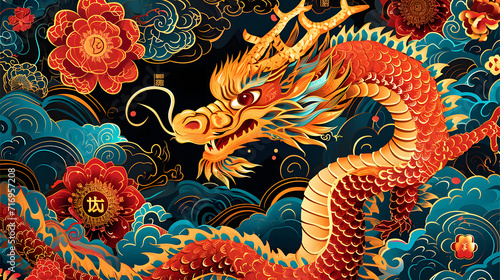 Year of the Dragon 2024. Chinese New Year Colourful Dragon and Flowers Illustration