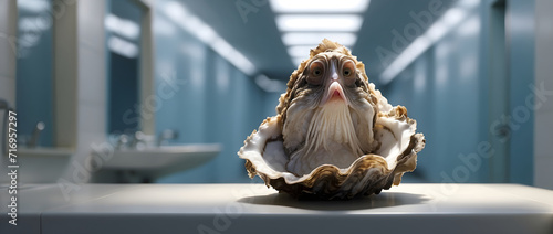 A humanoid oyster in a washroom. photo