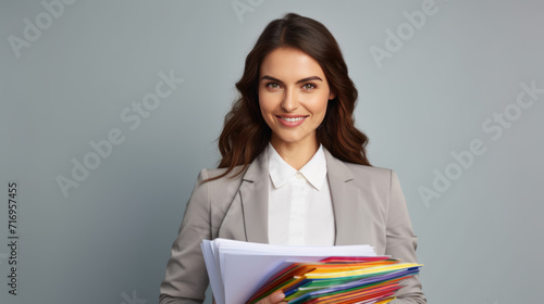 Cheerful young woman wearing a business suit and holding a stack of folders or documents