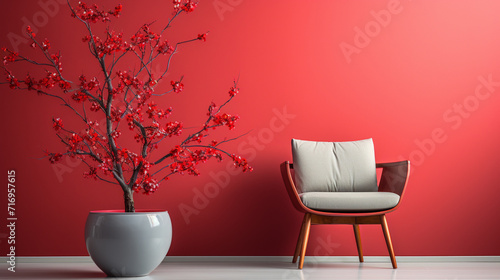 Modern Interior Design with Elegant Beige Armchair with Decorative Red Blossom Tree Against a Vibrant Red Wall. Generative AI