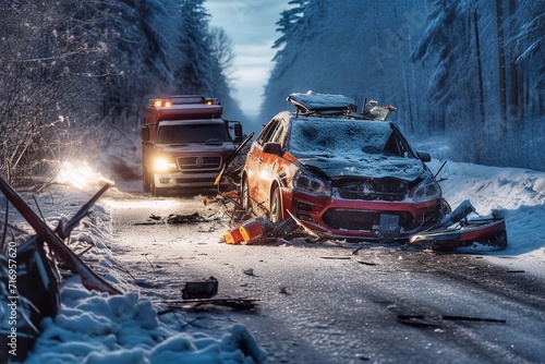 Car accident and broken car on the road with ice and snow in the winter forest at night. Car accident on the road. The concept of car insurance. photo