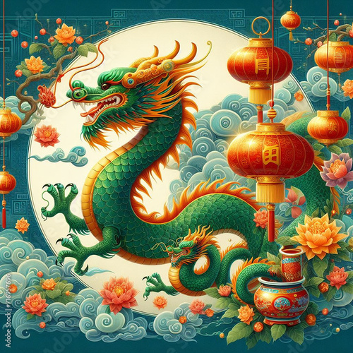 Graphic image of the green Dragon symbol of the New Year according to the Chinese calendar. AI generated