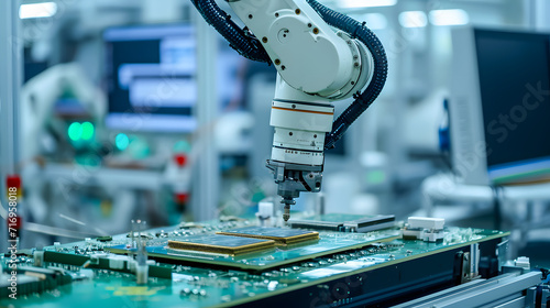 A robot performing intricate tasks in a semiconductor chip manufacturing facility. photo