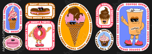 Set of stickers with sweets in retro cartoon style. Vector illustration of donut, ice cream, coffee, cupcake with circle text in the form of retro stickers.