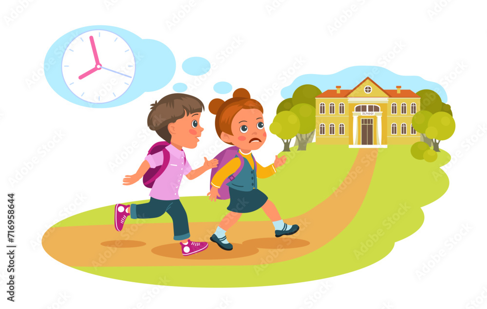 Schoolboy and girl run to school because they are late for class. Happy young pupils hurry. Cute children rushing to lessons. Kids with backpack. Cartoon flat isolated vector concept Schoolboy and girl run to school because they are late for class. Happy young pupils hurry. Cute children rushing to lessons. Kids with backpack. Cartoon flat isolated vector concept