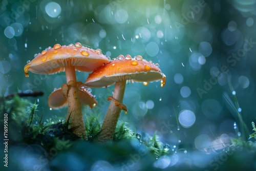 Magical mushrooms in forest, enchanting nature scene with sparkling bokeh lights