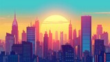 Sunset or sunrise Modern city skyscrapers panorama of tall buildings, urban background. Pop art retro vector illustration comic caricature 50s 60s style vintage kitsc