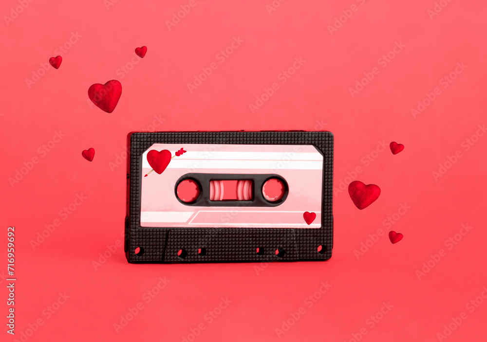 Fototapeta premium Cute red analog cassette on red background with reds hearts flying around.