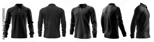 Set of black front, back and side view collar polo tee shirt on transparent background cutout, PNG file. Mockup template for artwork graphic design. 
 photo
