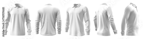 Set of white front, back and side view collar polo tee shirt on transparent background cutout, PNG file. Mockup template for artwork graphic design. 
 photo