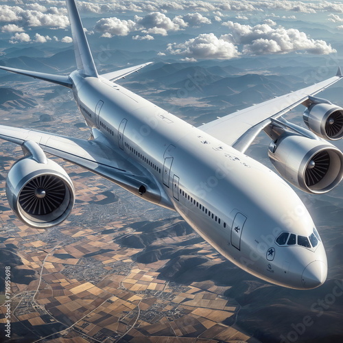 close-up of the side of a large wide-body passenger aircraft in flight above the ground in the clouds