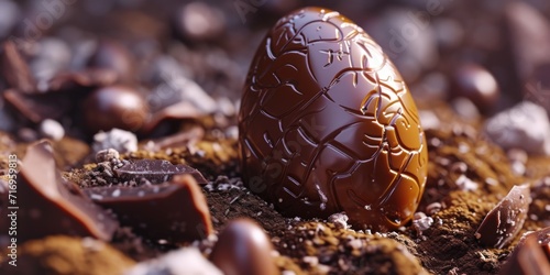 A chocolate egg sits atop a delicious pile of chocolate. Perfect for Easter or indulgent dessert designs photo