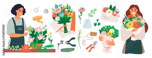 People with flower bouquets. Happy women hold beautiful plants, floral composition creating, girls receive gifts, creative occupation. Professional florist work cartoon flat garish vector set