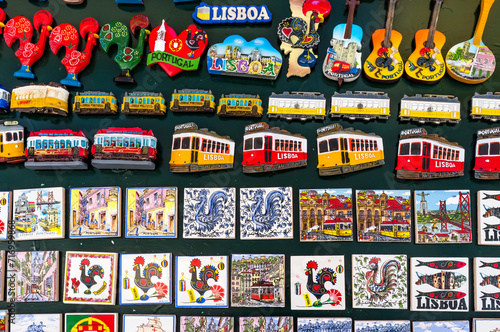 Mosaic of colorful magnets of the city of Lisbon for sale, Portugal, Europe photo