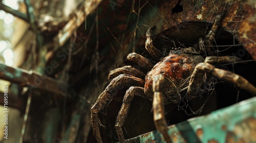 A spider perched on top of a weathered and rusted boat. This image can be used to depict the contrast between nature and decay