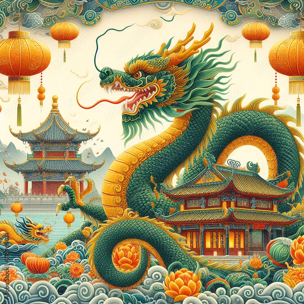 Obraz premium Graphic image of the green Dragon symbol of the New Year according to the Chinese calendar. AI generated