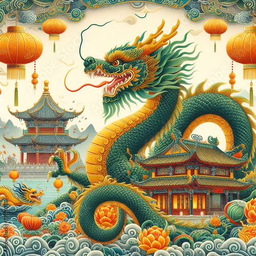 Wallpaper Mural Graphic image of the green Dragon symbol of the New Year according to the Chinese calendar. AI generated Torontodigital.ca
