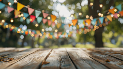 Wooden table scattered with colorful confetti and sprinkles, with a blurred background