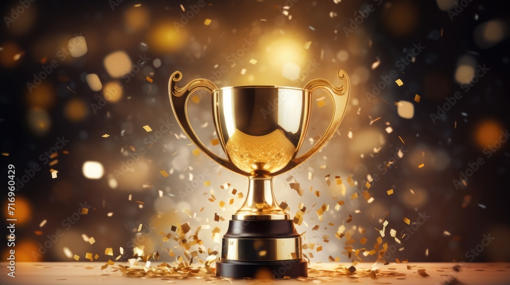 Championship cup or winner trophy in golden shiny chrome with confetti Championship cup or winner trophy in golden shiny chrome with confetti
