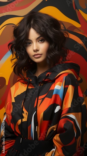 A Japanese girl donning a black tracksuit with colorful accents strikes a confident pose against a solid orange background with dynamic lines and abstract shapes