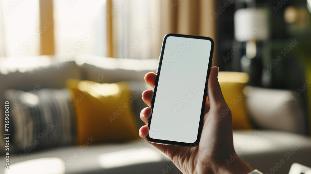 Hand is holding a smartphone with a blank screen in a room with a blurred background featuring modern interior elements.