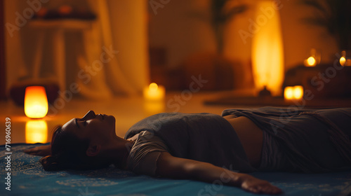 A soothing yoga nidra session in a dimly lit comfortable studio.