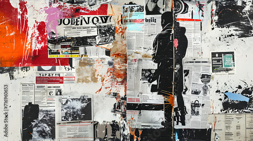 A socially conscious collage featuring newspaper clippings and urban imagery reflecting on modern societal issues. photo