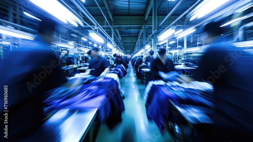 Generative AI, asian textile sewing factory with many workers, motion blurred photo photo
