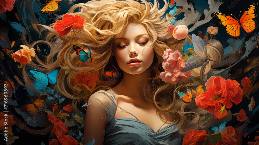 Ethereal Woman Surrounded by a Lush, Vibrant Floral and Butterfly Cascade, Symbolizing Nature's Beauty and Spring Awakening