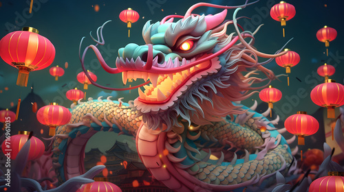 3D Dragon Illustration with Lanterns. 2024 Year of the Dragon. Chinese New Year Illustration