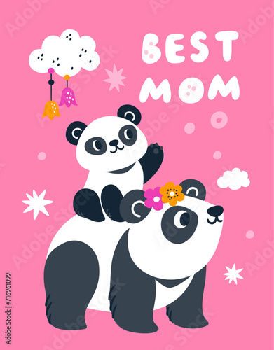 Panda mom and child. Animal Asian character  Chinese cute bear  greeting card or print design. Baby mammal with mother. Motherhood and childhood. Cartoon flat isolated vector illustration