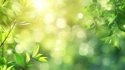 Spring background  green tree leaves on blurred background. AI generated illustration