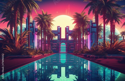 A neon-lit retro-futuristic landscape with palm trees and a reflective pool. © miriam artgraphy