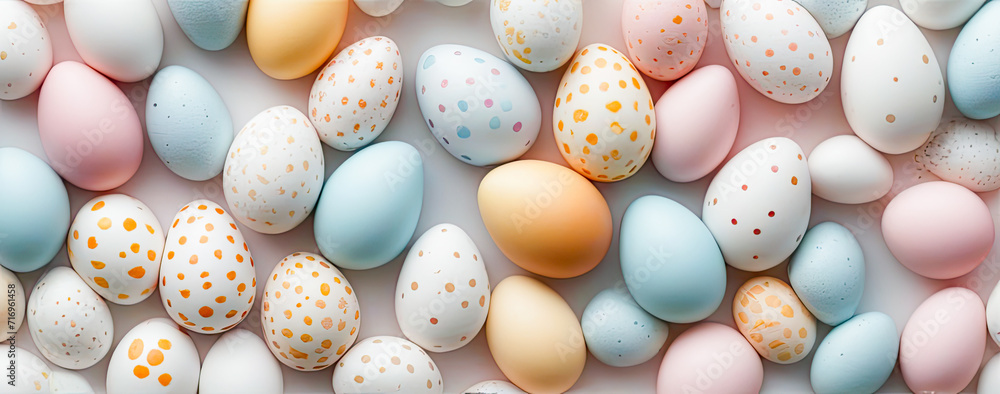 Pastel colored easter eggs speckled and painted with gold, top down view flatlay background Pastel colored easter eggs speckled and painted with gold, top down view flatlay background