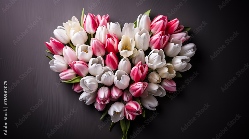 Heartfelt Bloom: Heart-shaped Arrangement of Pink and White Tulips on a Gray Background Signifying Love and Affection
