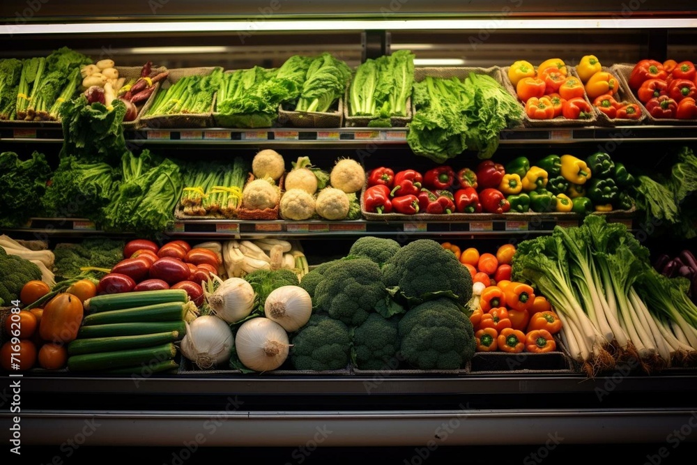 Overflowing vegetables in grocery store. Generative AI