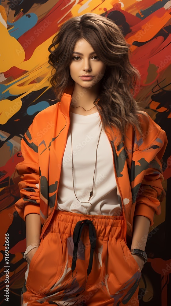 A Japanese girl donning a sporty color-blocked tracksuit, strikes a confident pose against a solid orange background with abstract shapes and lines