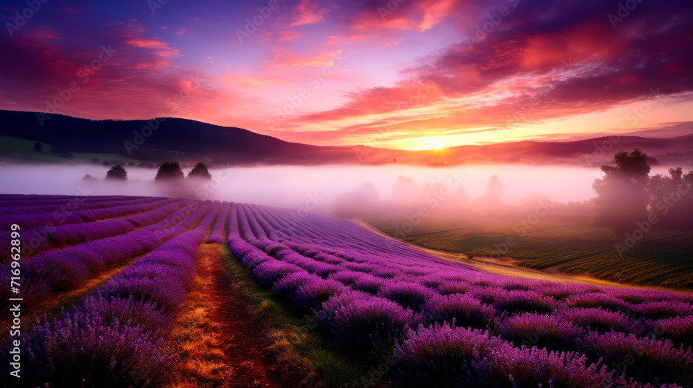 Aerial view of lavender fields at sunrise