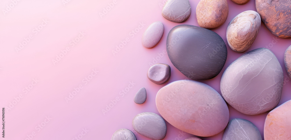 A variety of smooth stone pebbles on a soft violet surface. A variety of smooth stone pebbles on a soft violet surface.